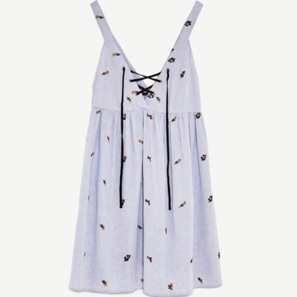 Zara Striped Mini Dress with Floral Embroidery - Picture 2 of 3